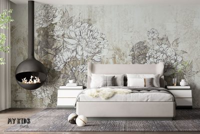 bright peony flowers on beige background in vintage style - wall mural