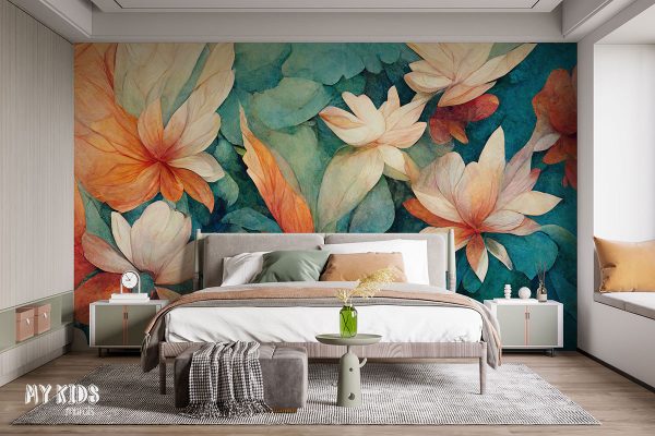 watercolor colorful water flowers - wall mural