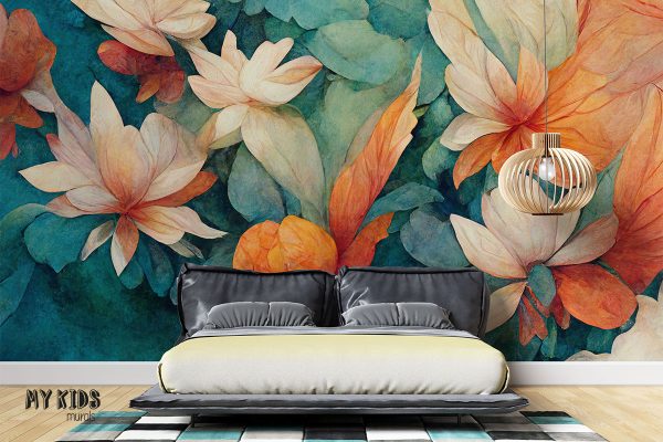 watercolor colorful water flowers - wall mural