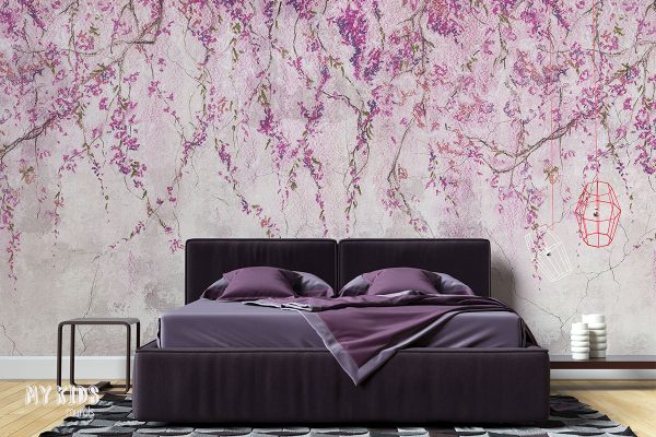 hanging pink flowers on light concrete background - wall mural