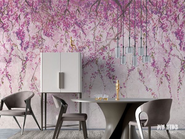 hanging pink flowers on light concrete background - wall mural