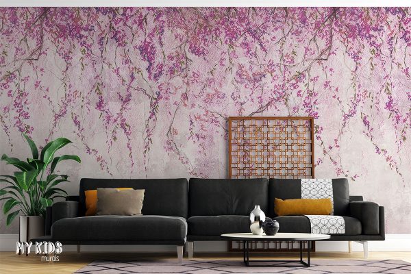 hanging pink flowers on light concrete background - wall mural