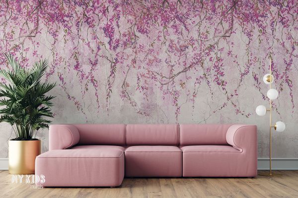 hanging pink flowers on light concrete background - wall mural