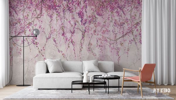 hanging pink flowers on light concrete background - wall mural