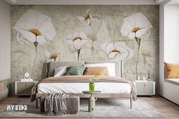 big white poppies flowers on paper background - wall mural