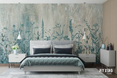 green wildflowers on painted background - wall mural