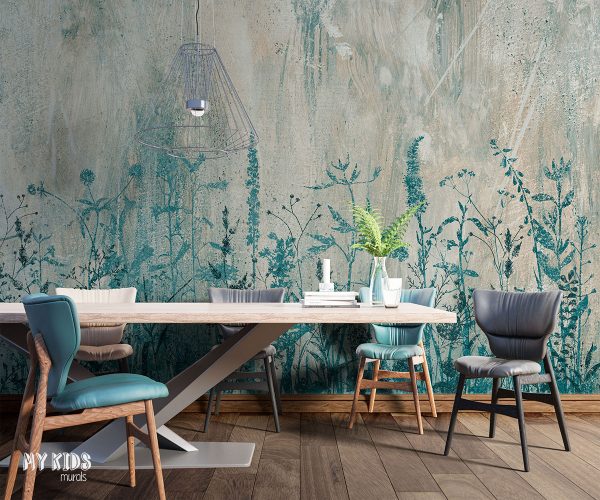 green wildflowers on painted background - wall mural