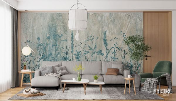 green wildflowers on painted background - wall mural