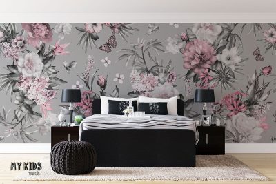 flowers and exotic leaves on gray background - wall mural