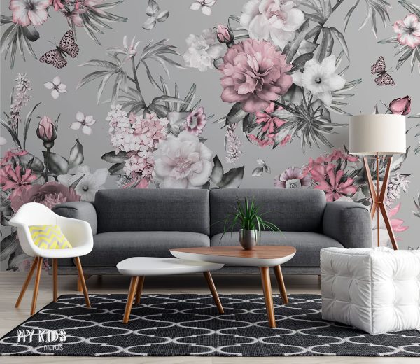 flowers and exotic leaves on gray background - wall mural