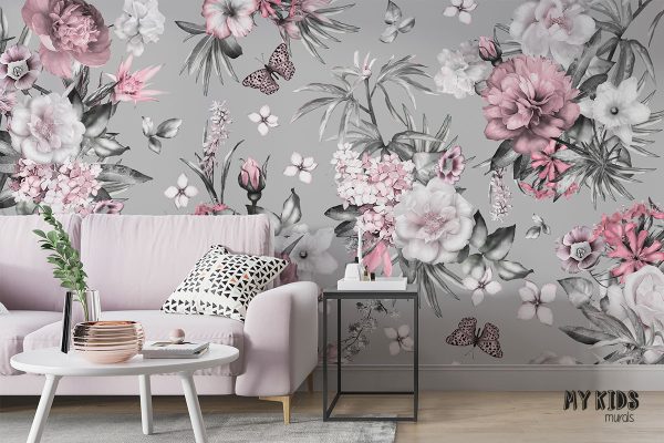 flowers and exotic leaves on gray background - wall mural