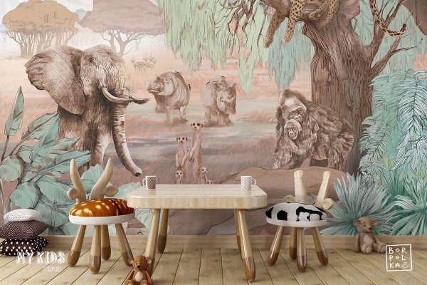 african animals among trees and bushes - children’s wall mural