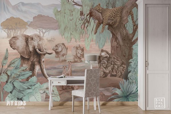 african animals among trees and bushes - children’s wall mural