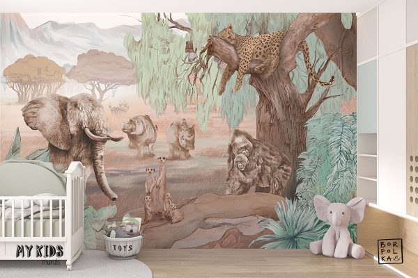 african animals among trees and bushes - children’s wall mural