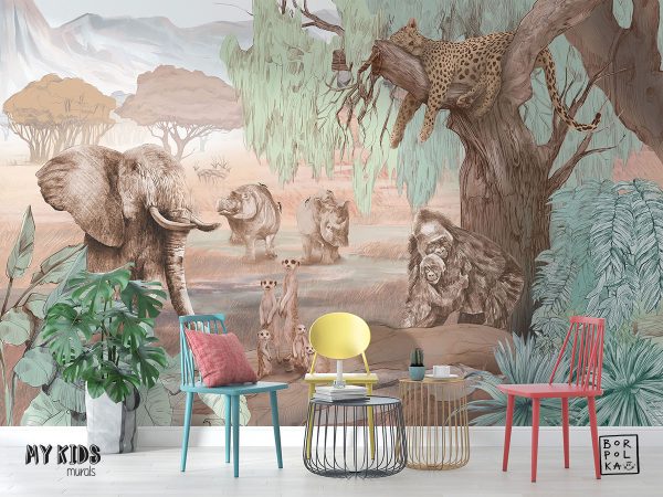 african animals among trees and bushes - children’s wall mural