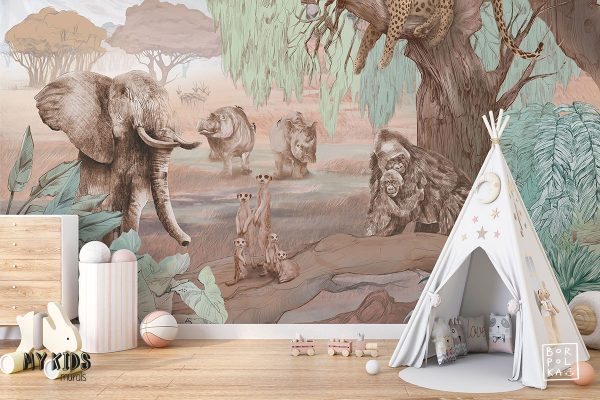 african animals among trees and bushes - children’s wall mural