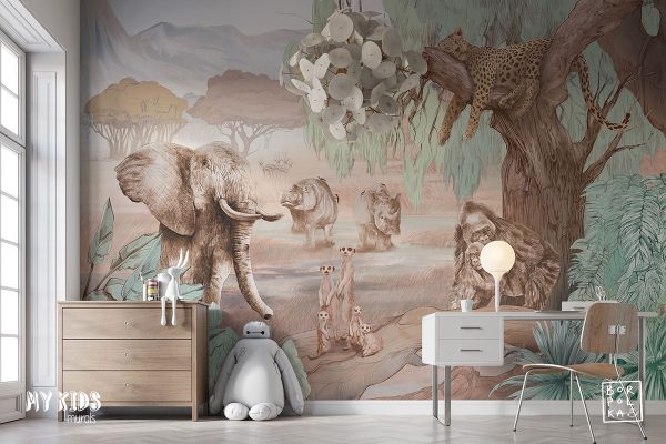 african animals among trees and bushes - children’s wall mural