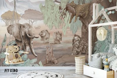 african animals among trees and bushes - children’s wall mural