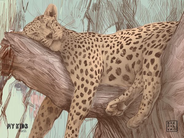 leopard lounging on a tree - children’s wall mural