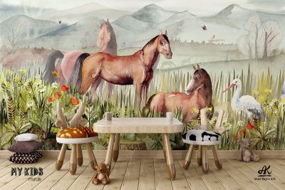 horses and stork in clearing among flowers - children’s wall mural