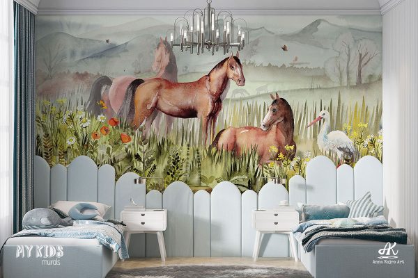 horses and stork in clearing among flowers - children’s wall mural