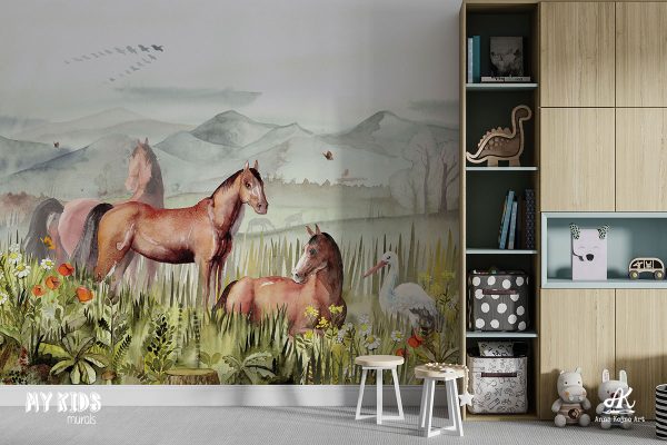 horses and stork in clearing among flowers - children’s wall mural