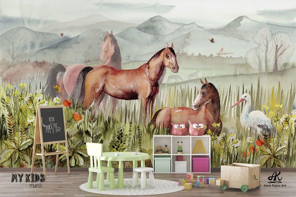 horses and stork in clearing among flowers - children’s wall mural