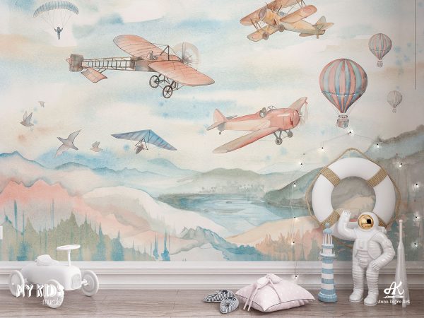 airplanes, airships, balloons, hang gliders over the hills - children’s wall mural