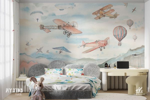 airplanes, airships, balloons, hang gliders over the hills - children’s wall mural