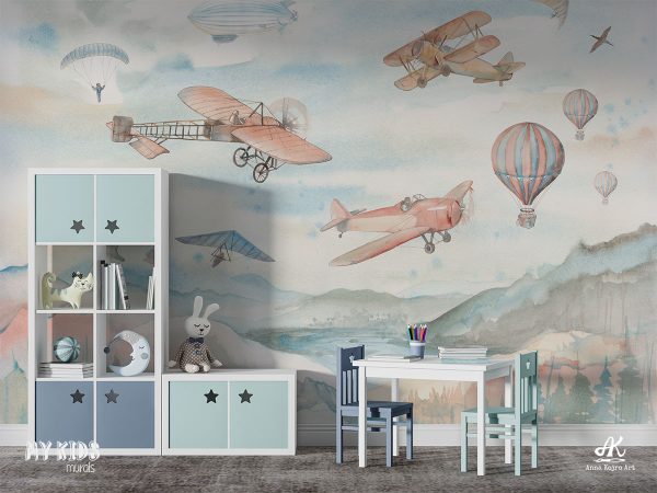 airplanes, airships, balloons, hang gliders over the hills - children’s wall mural