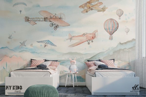 airplanes, airships, balloons, hang gliders over the hills - children’s wall mural