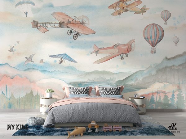 airplanes, airships, balloons, hang gliders over the hills - children’s wall mural