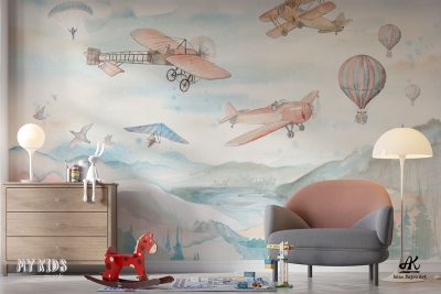 airplanes, airships, balloons, hang gliders over the hills - children’s wall mural