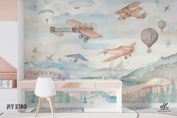 airplanes, airships, balloons, hang gliders over the hills - children’s wall mural