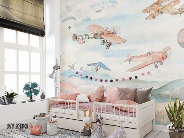 airplanes, airships, balloons, hang gliders over the hills - children’s wall mural