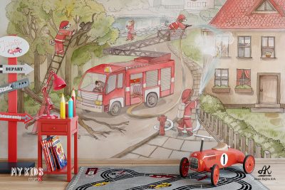 dog fire brigade in action - children’s wall mural