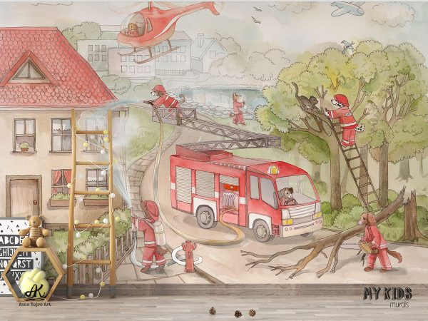 dog fire brigade in action - children’s wall mural