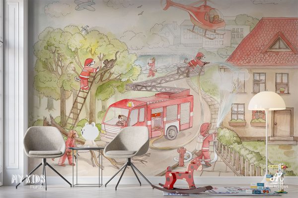 dog fire brigade in action - children’s wall mural