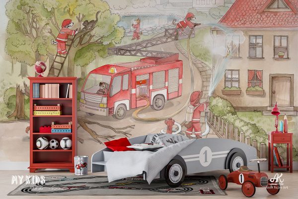 dog fire brigade in action - children’s wall mural