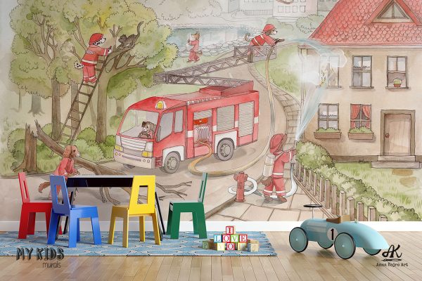 dog fire brigade in action - children’s wall mural