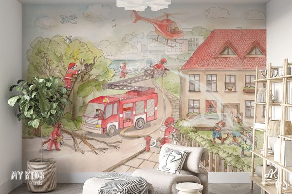 dog fire brigade in action - children’s wall mural