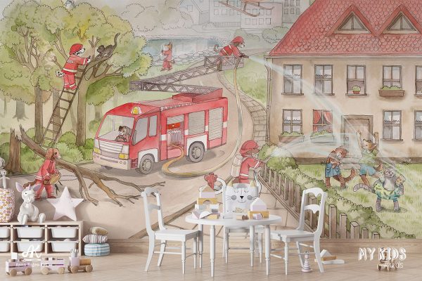 dog fire brigade in action - children’s wall mural