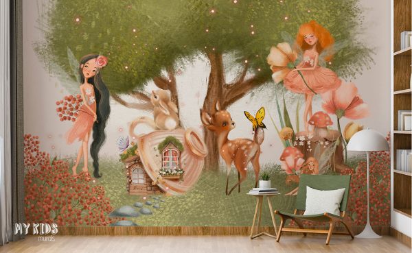 flower fairies among the animals by the lush green tree - children’s wall mural