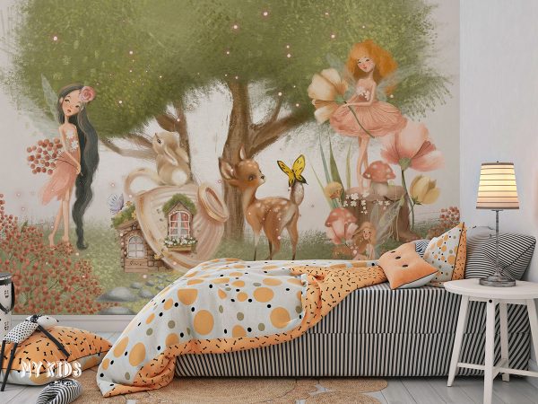 flower fairies among the animals by the lush green tree - children’s wall mural