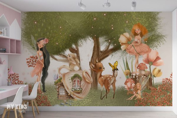 flower fairies among the animals by the lush green tree - children’s wall mural