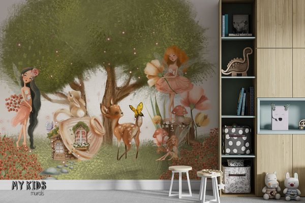 flower fairies among the animals by the lush green tree - children’s wall mural