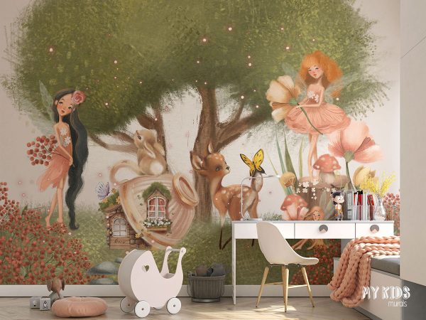 flower fairies among the animals by the lush green tree - children’s wall mural