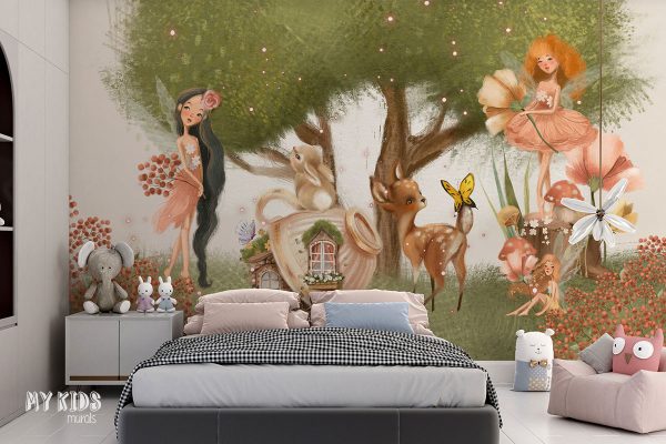 flower fairies among the animals by the lush green tree - children’s wall mural