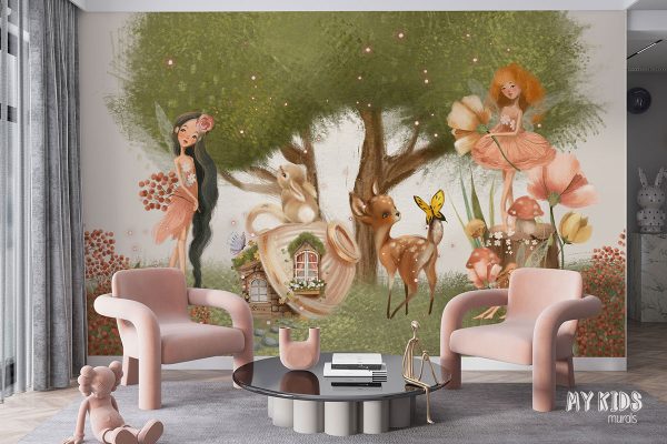 flower fairies among the animals by the lush green tree - children’s wall mural