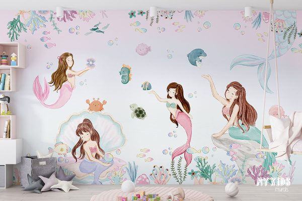 mermaids in the sea among corals and fish - children’s wall mural